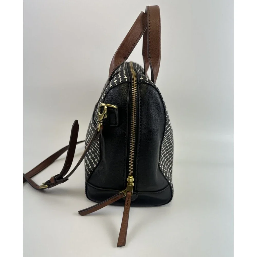 Fossil Fiona Satchel Black White Key Logo Faux Leather Crossbody Double Handle